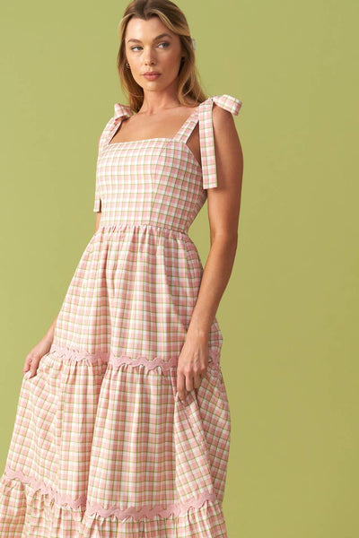 IMAGINE THAT GREEN PINK PLAID MIDI DRESS