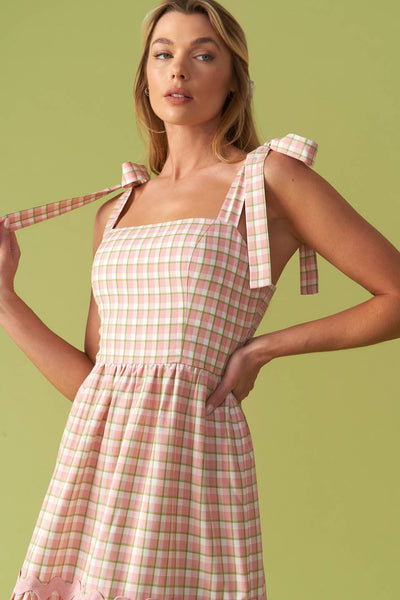 IMAGINE THAT GREEN PINK PLAID MIDI DRESS