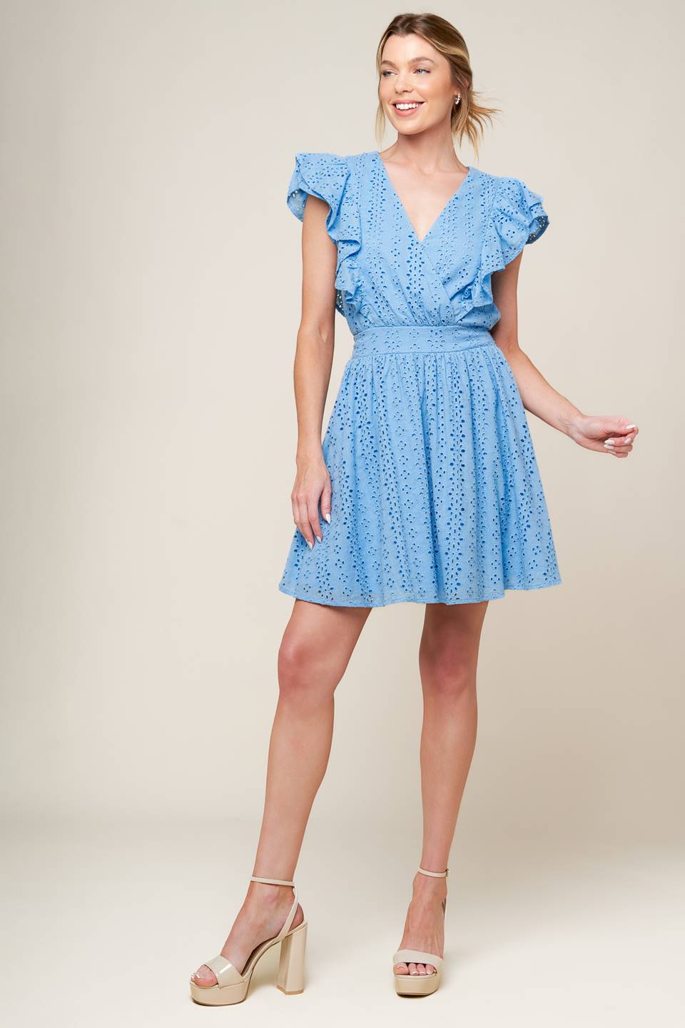 KEEP ME CLOSE POWDER BLUE WOVEN MINI DRESS