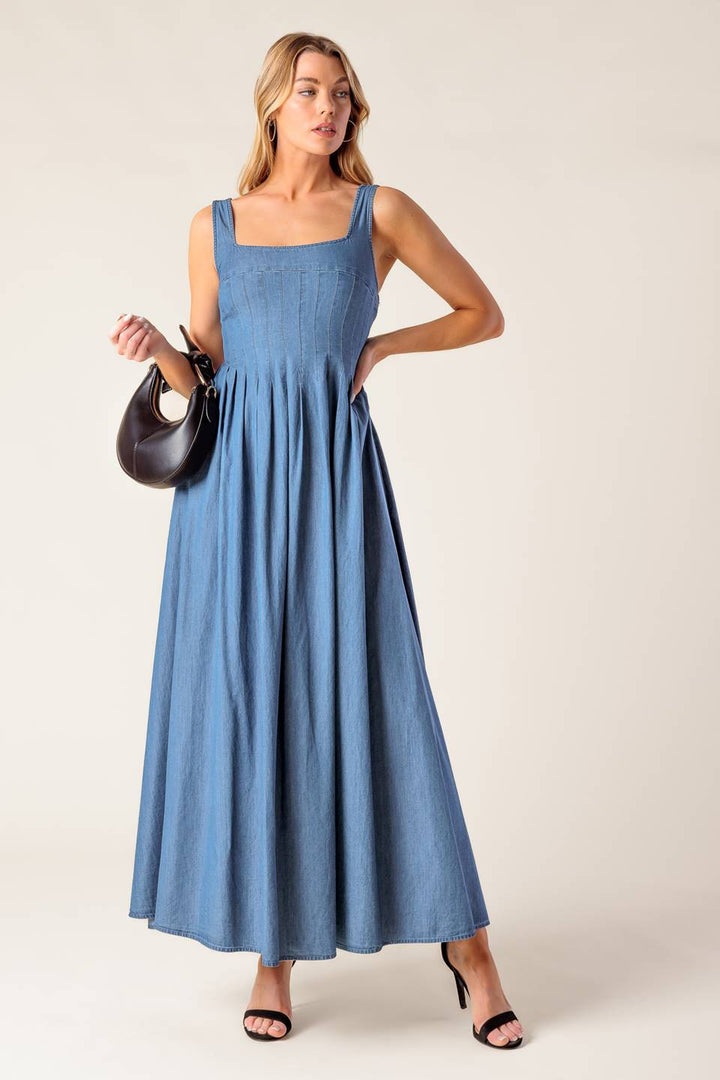 PASSIFLORA INDIGO DENIM MIDI DRESS