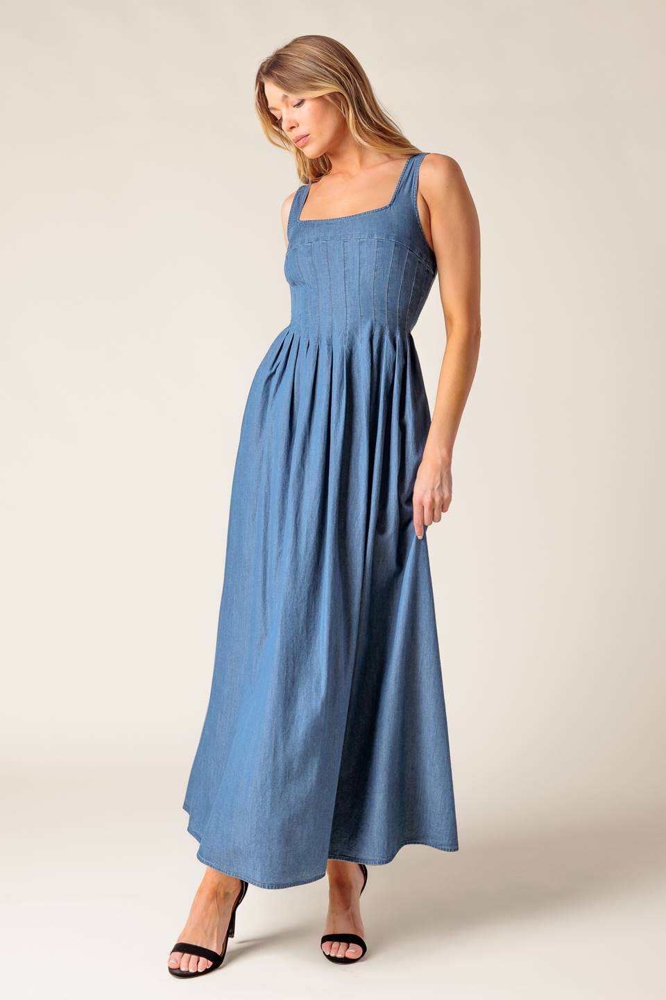 PASSIFLORA INDIGO DENIM MIDI DRESS