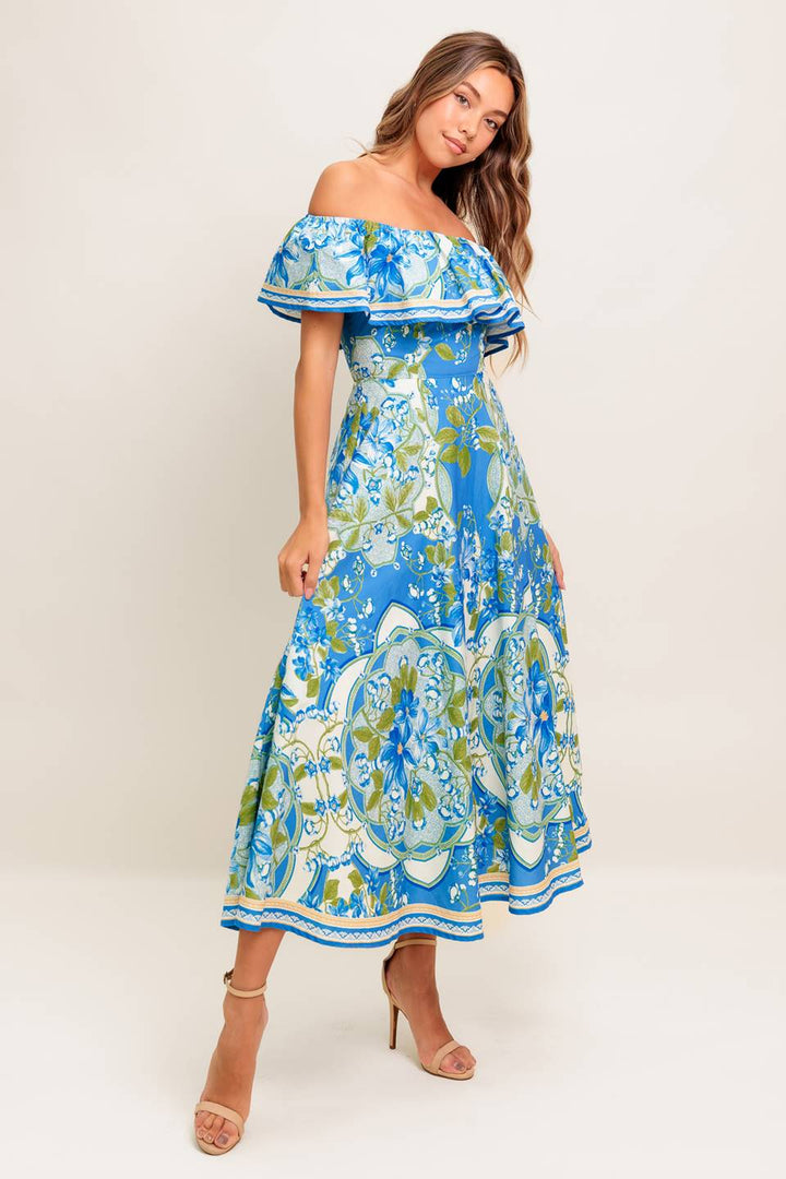 TROPICAL HAZE POWDER BLUE WOVEN MIDI DRESS