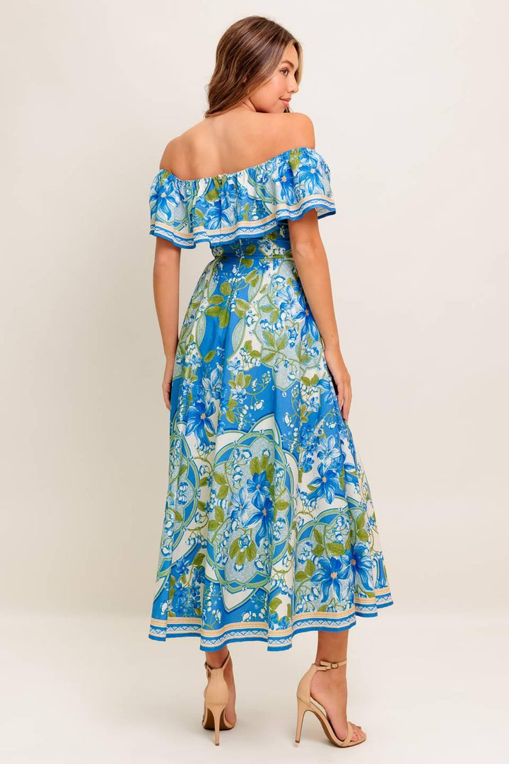 TROPICAL HAZE POWDER BLUE WOVEN MIDI DRESS