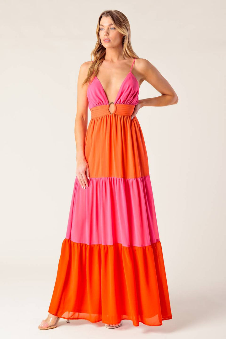 REGAL RISE WOVEN COLOR BLOCKED MAXI DRESS