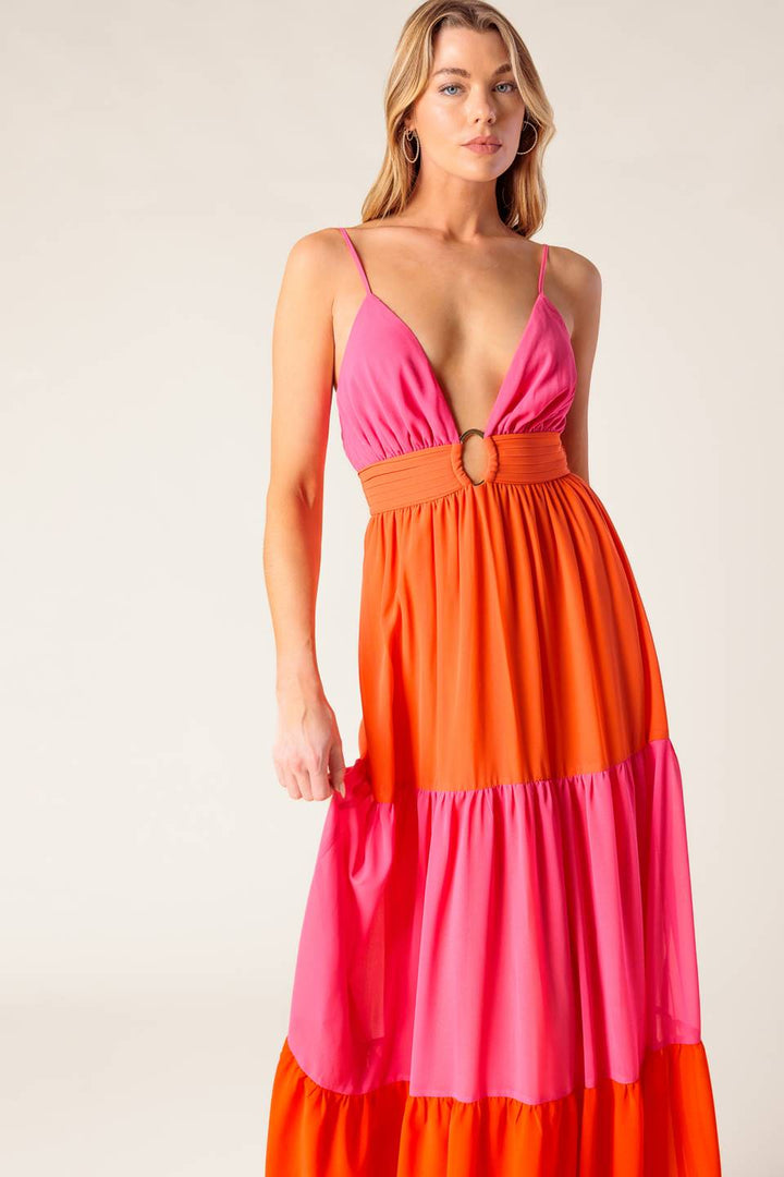 REGAL RISE WOVEN COLOR BLOCKED MAXI DRESS