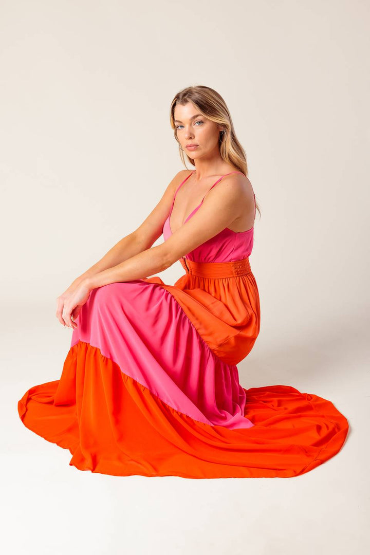 REGAL RISE WOVEN COLOR BLOCKED MAXI DRESS