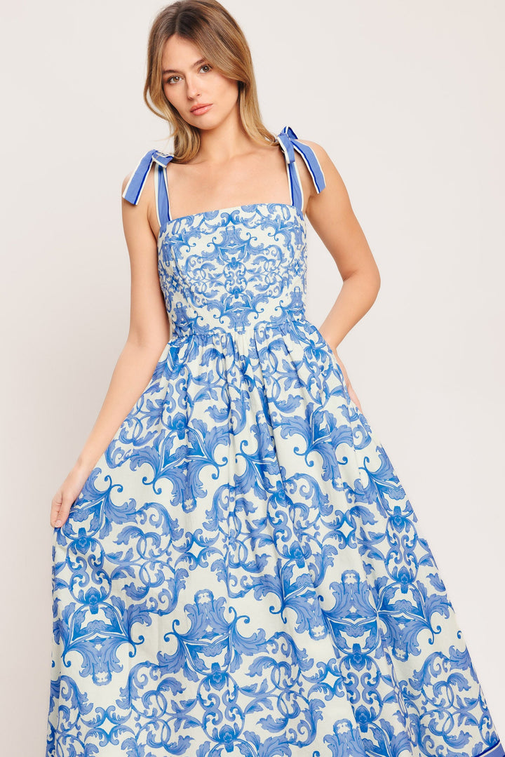 AZURE SCROLL WOVEN MIDI DRESS