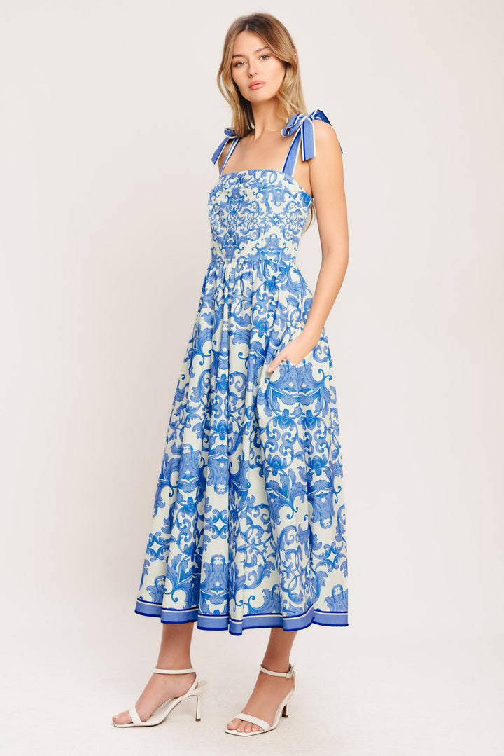 AZURE SCROLL WOVEN MIDI DRESS