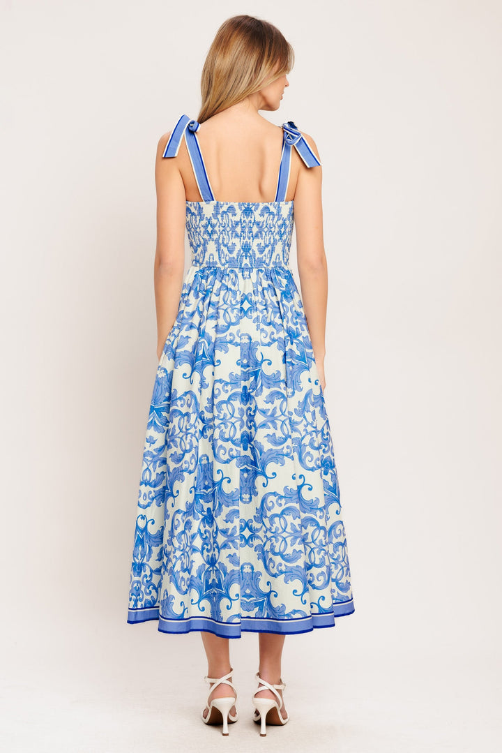 AZURE SCROLL WOVEN MIDI DRESS