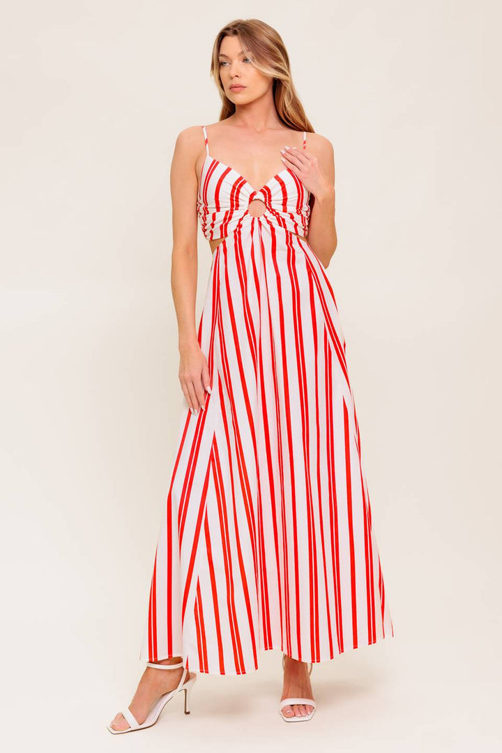 DREAM PETALS RED STRIPE WOVEN ANKLE DRESS