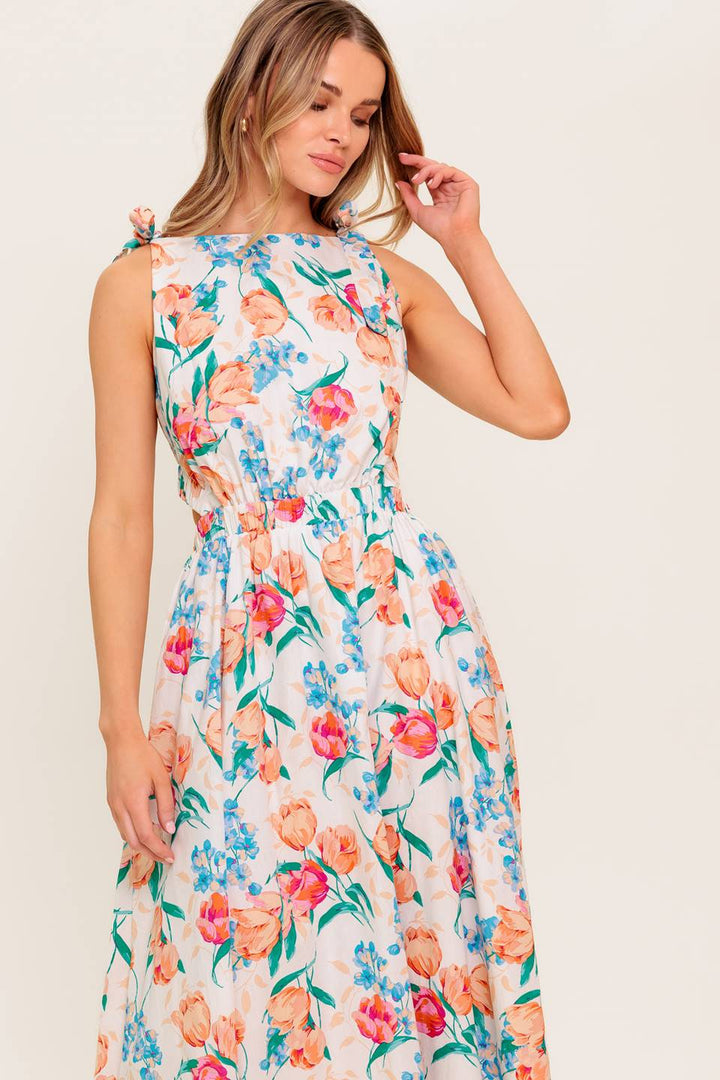 WHISPERING FLORA WOVEN MIDI DRESS