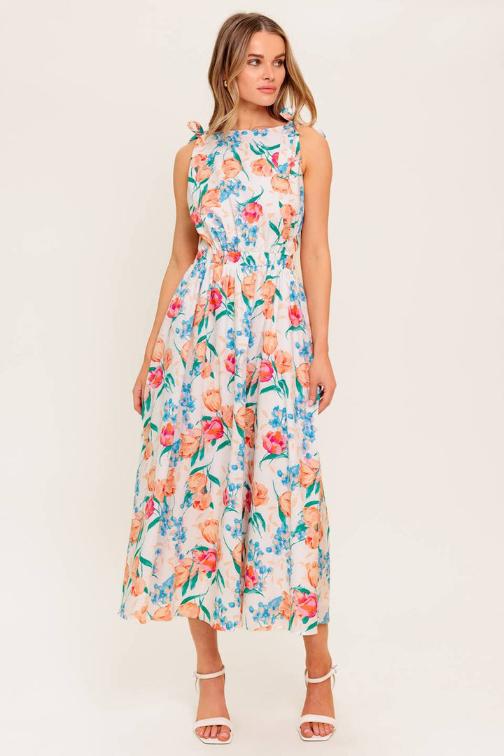 WHISPERING FLORA WOVEN MIDI DRESS
