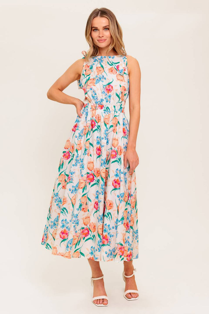 WHISPERING FLORA WOVEN MIDI DRESS