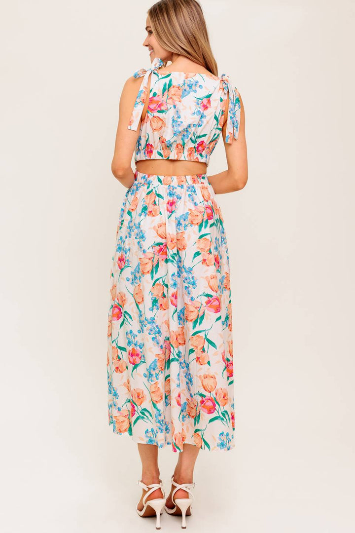 WHISPERING FLORA WOVEN MIDI DRESS