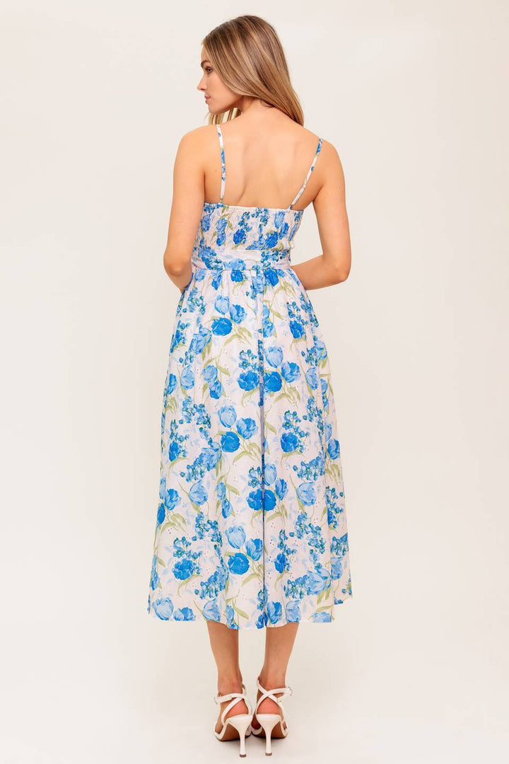 ROSY MOOD FLORAL WOVEN MIDI DRESS