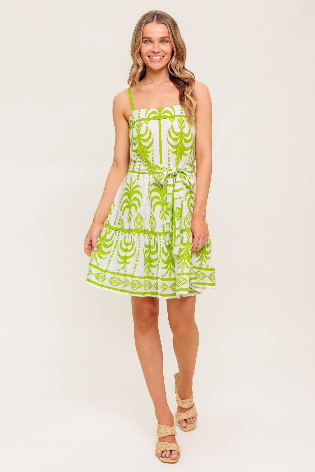 SUNDOWN CHARM GREEN WOVEN MINI DRESS