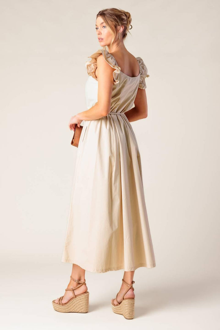 CHAMPAGNE TOAST TAUPE WOVEN MIDI DRESS