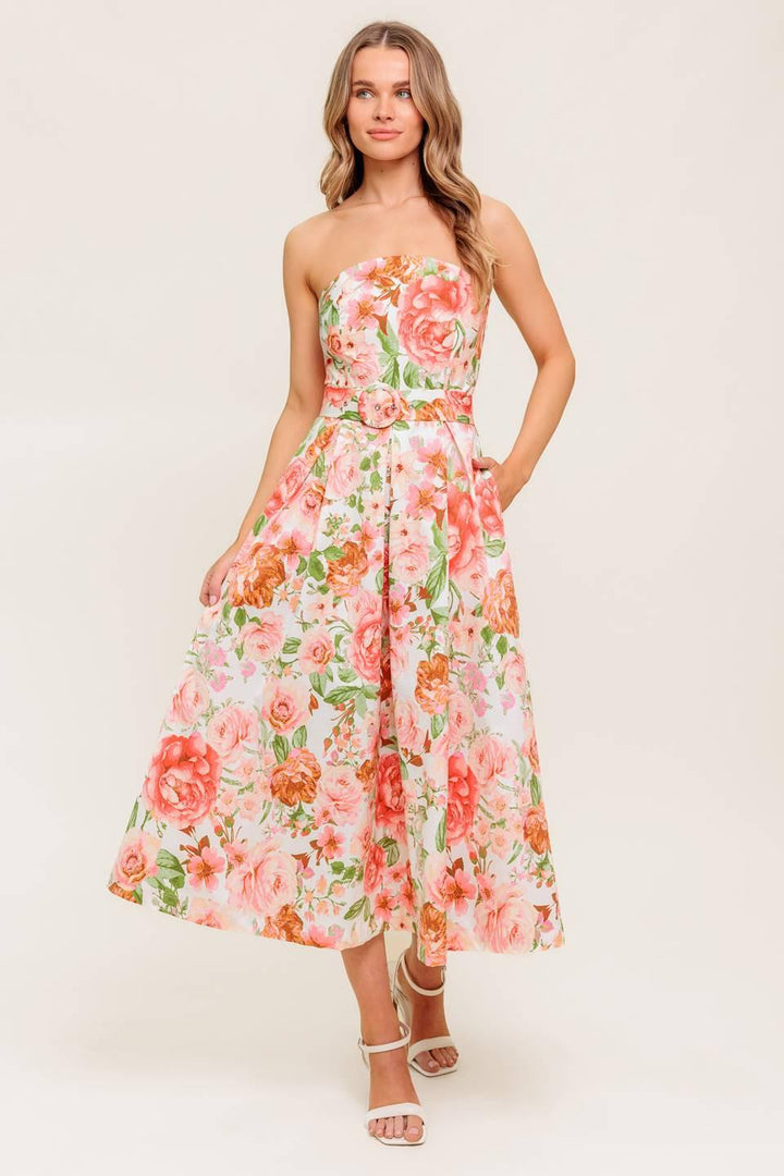 BLUSHING DAWN PINK WOVEN MIDI DRESS
