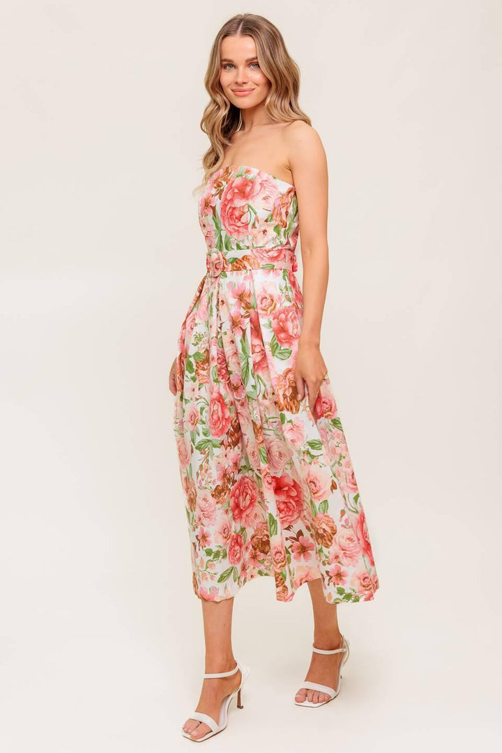 BLUSHING DAWN PINK WOVEN MIDI DRESS