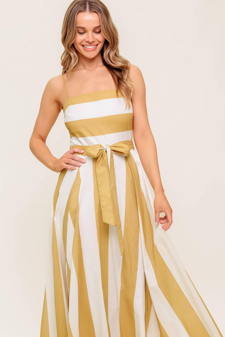 SOFT HORIZON TAUPE WOVEN MIDI DRESS