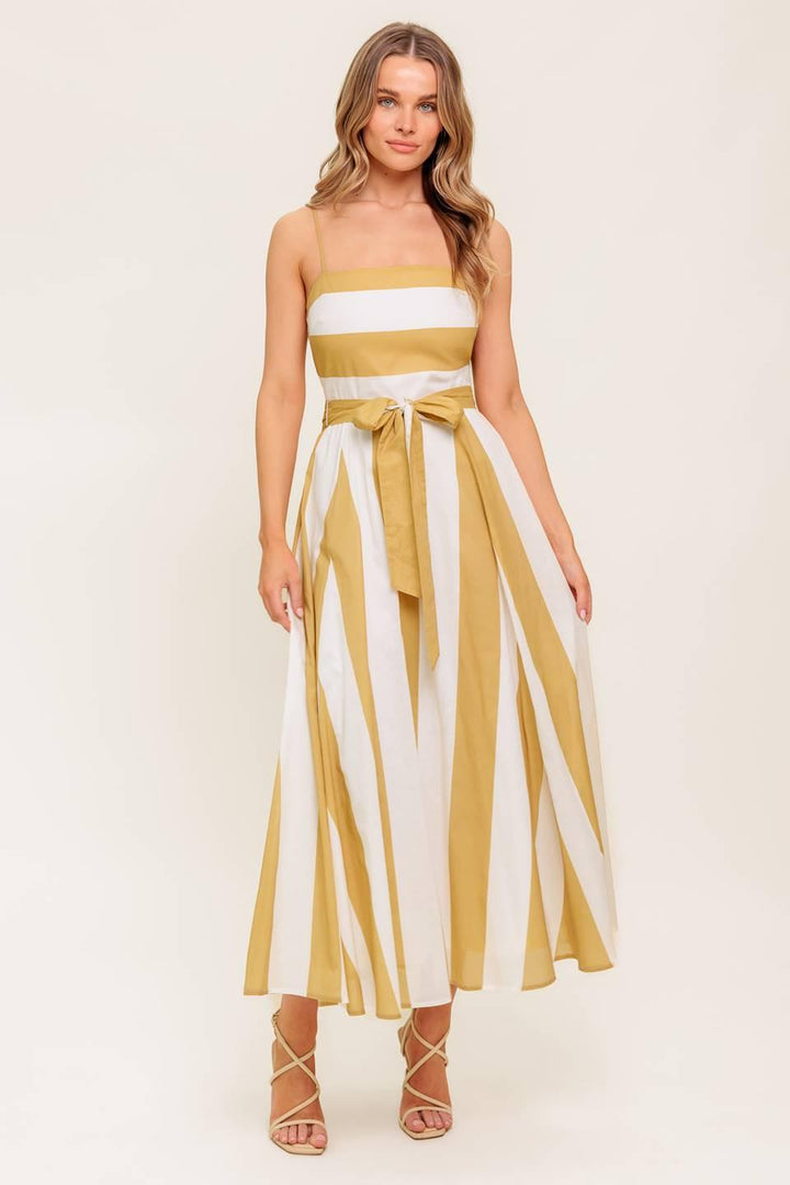 SOFT HORIZON TAUPE WOVEN MIDI DRESS