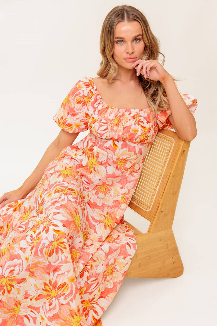 OCEAN FLORALS CORAL WOVEN MIDI DRESS