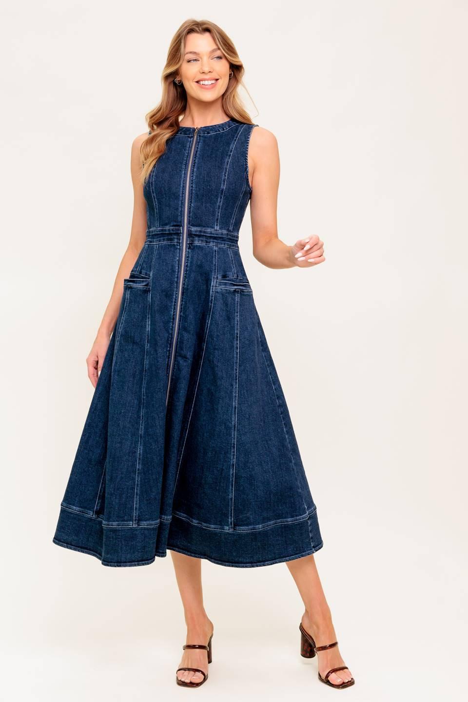 knee length dresses for ladies Lady Black Tie - Blue Ridge Dreams Pintuck Denim Midi Dress main image 1
