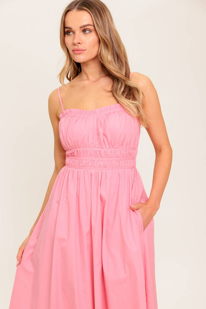 HONEY SUNSET PINK WOVEN MIDI DRESS