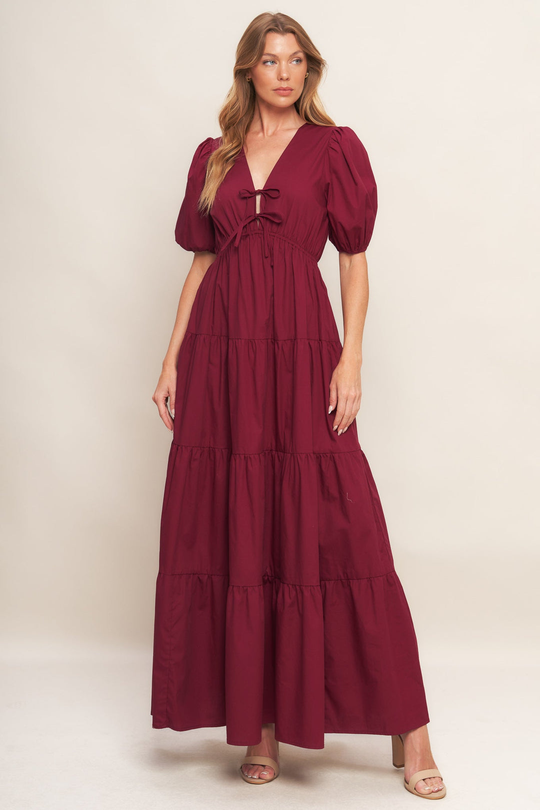 SUMMER GLOW BURGUNDY WOVEN MAXI DRESS