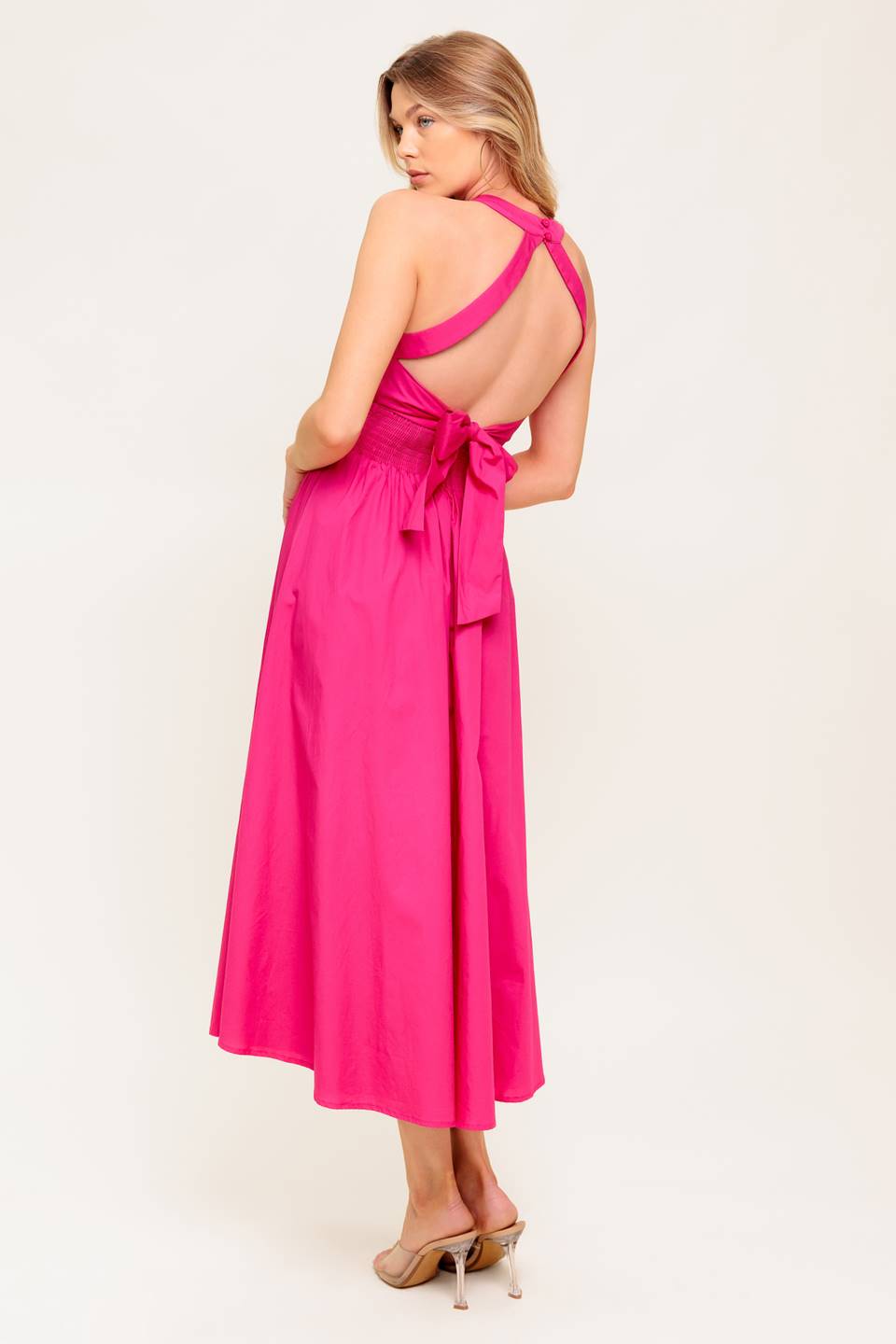PEONY TOUCH FUCHSIA WOVEN MIDI DRESS