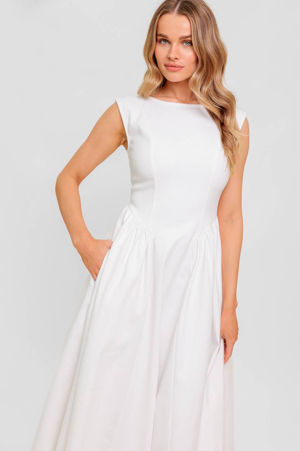 CANDLE VINE WHITE DENIM WOVEN MIDI DRESS