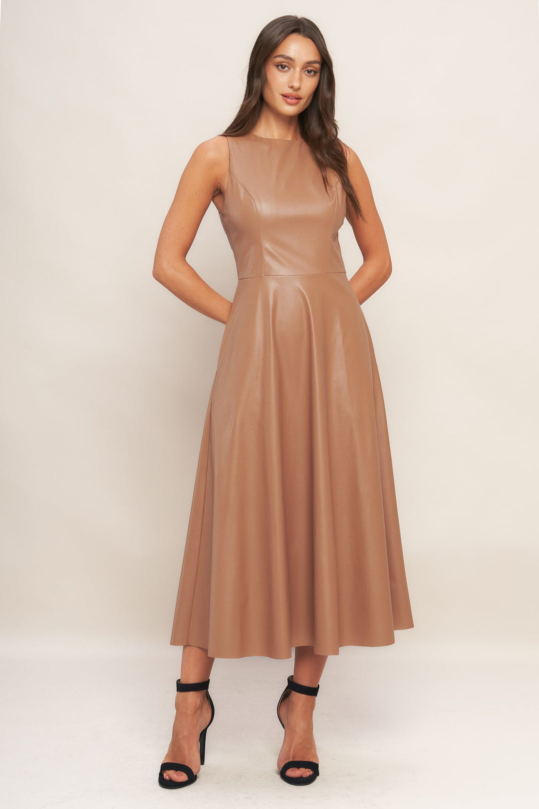 BARE SOPHISTIQUE FAUX LEATHER MIDI DRESS
