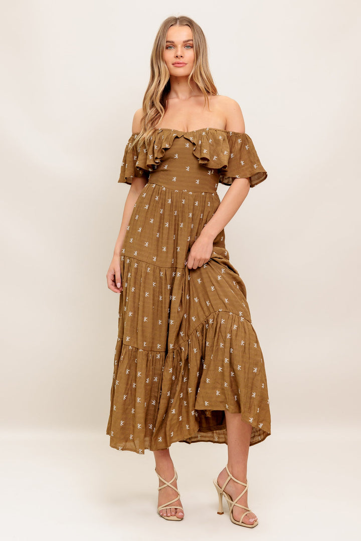 BELLE AMOUR BROWN WOVEN MIDI DRESS