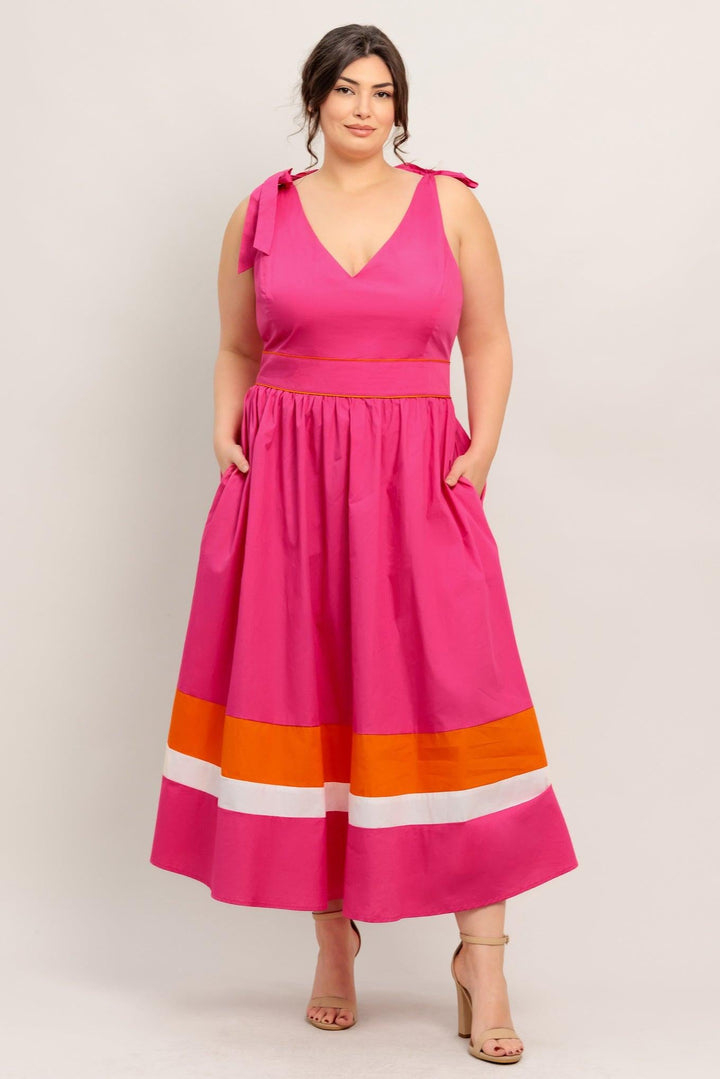 FOREST CHARM FUCHSIA ORANGE WOVEN MIDI DRESS