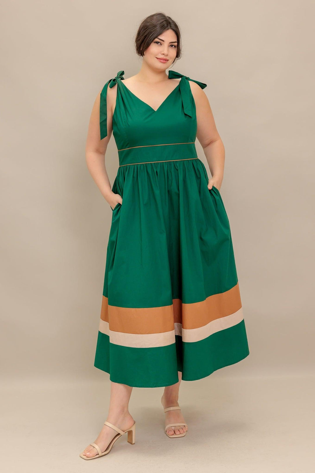 FOREST CHARM WOVEN COLOR BLOCKED MIDI DRESS