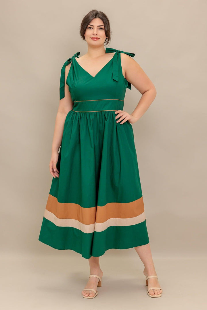 FOREST CHARM WOVEN COLOR BLOCKED MIDI DRESS