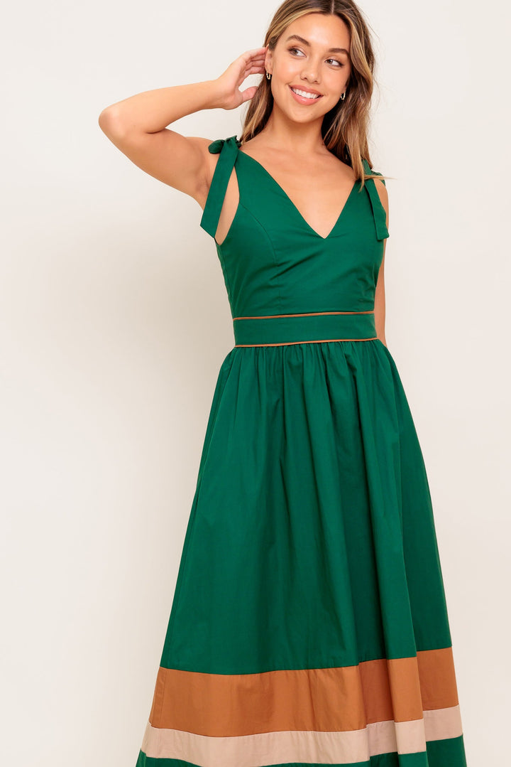 FOREST CHARM WOVEN COLOR BLOCKED MIDI DRESS