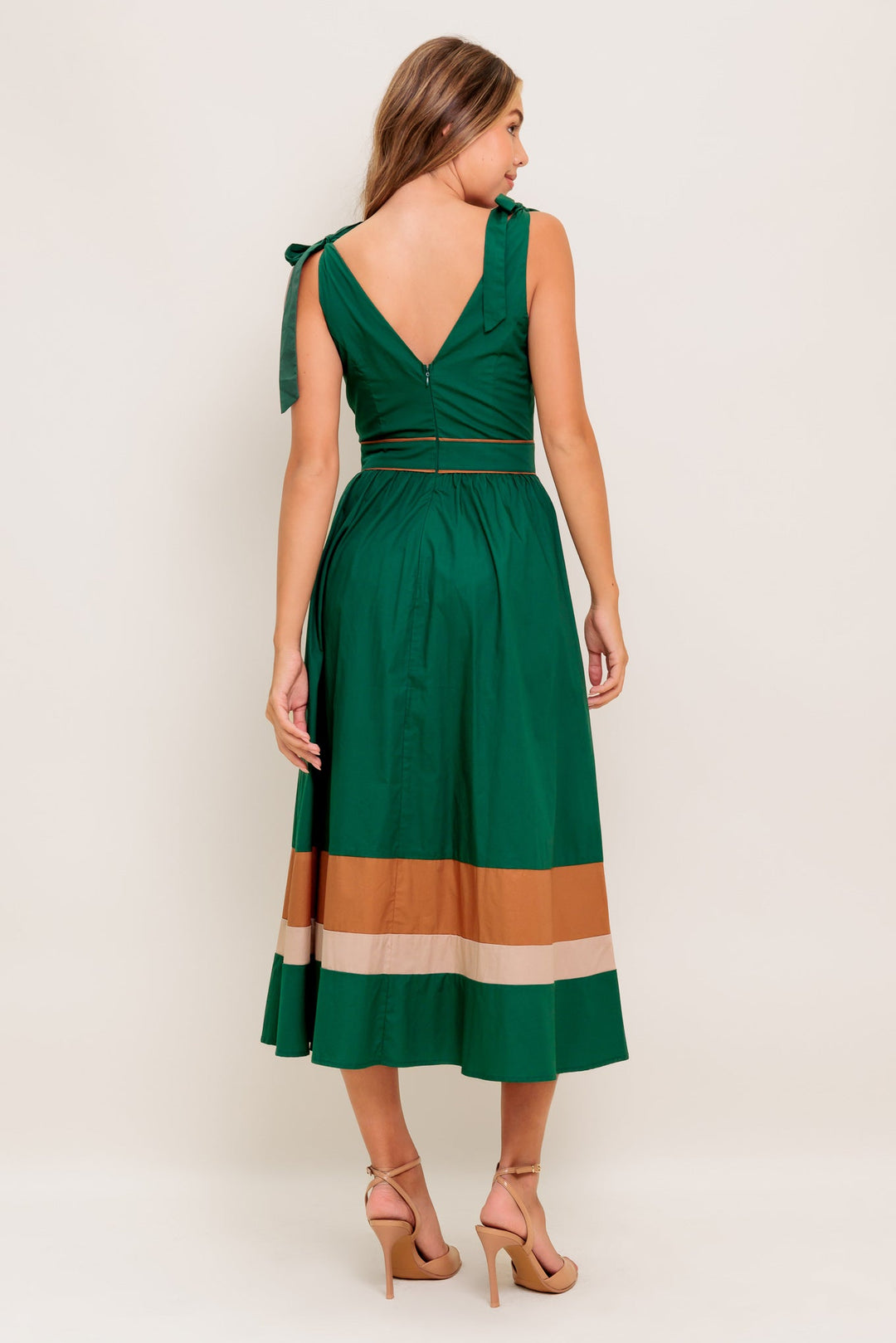FOREST CHARM WOVEN COLOR BLOCKED MIDI DRESS