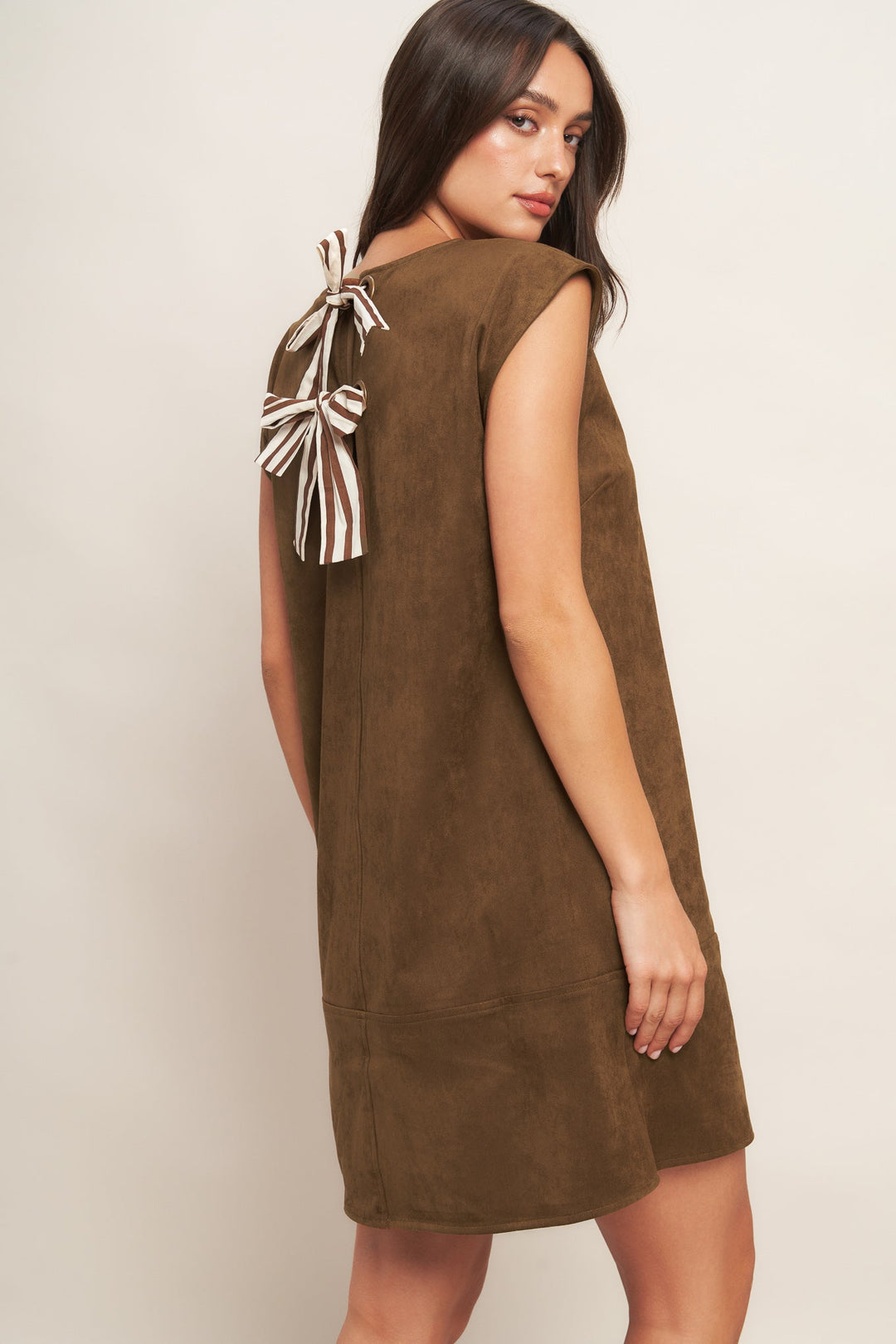 QUIET LUXURY EDGE FAUX SUEDE MIDI SHIFT DRESS