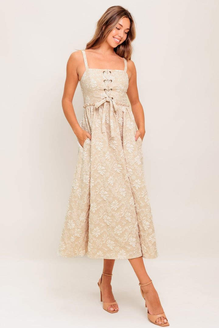 SOFT SUNSET STORY WOVEN MIDI DRESS