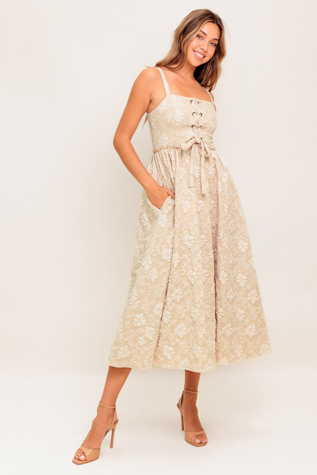 SOFT SUNSET STORY WOVEN MIDI DRESS