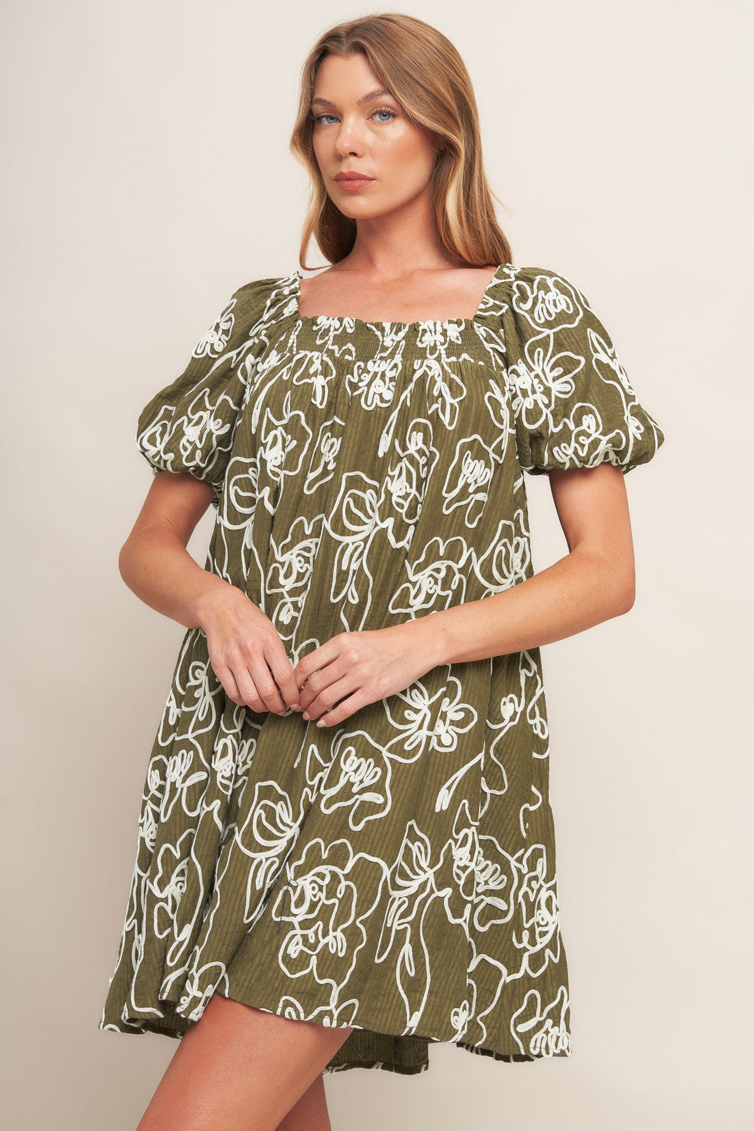 BOTANICAL OUTLINE WOVEN MINI DRESS