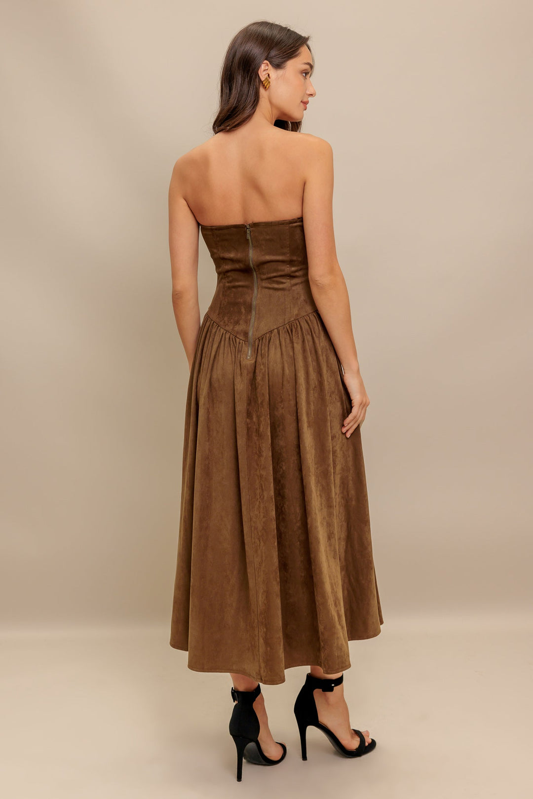 WILD ESPRESSO FAUX SUEDE MIDI DRESS