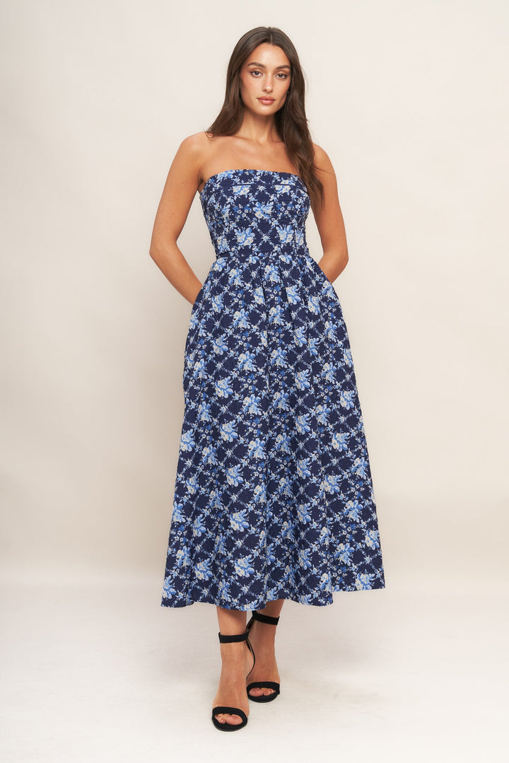 BLUE RENAISSANCE WOVEN MIDI DRESS