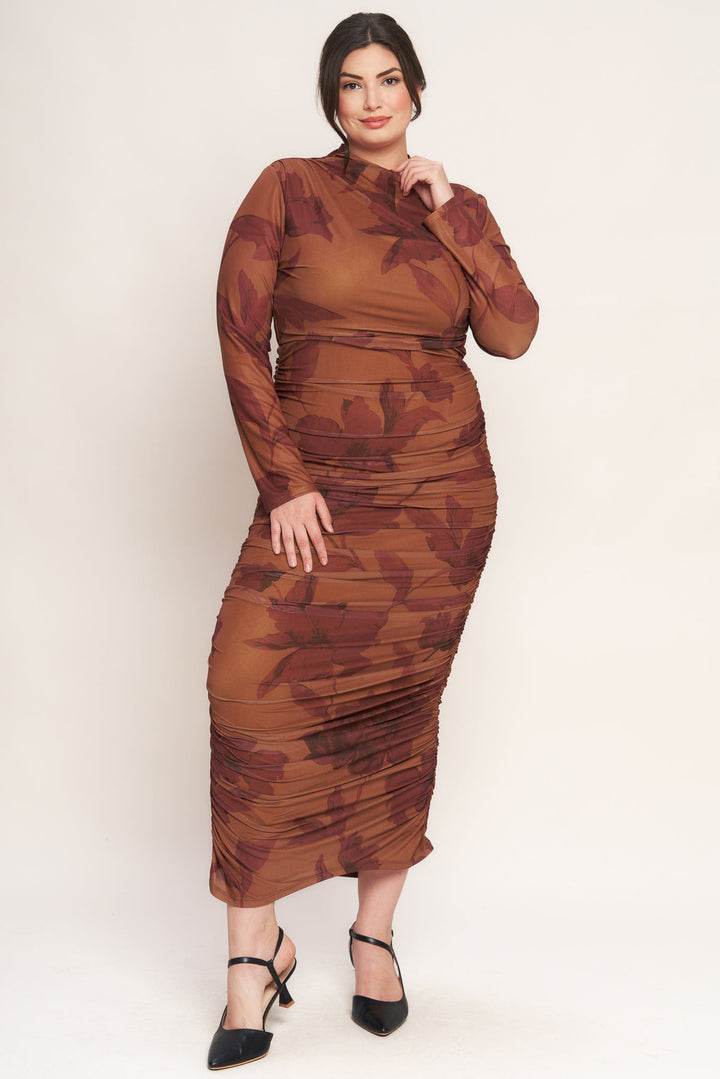 AMBER FLORA POWER MESH MIDI DRESS