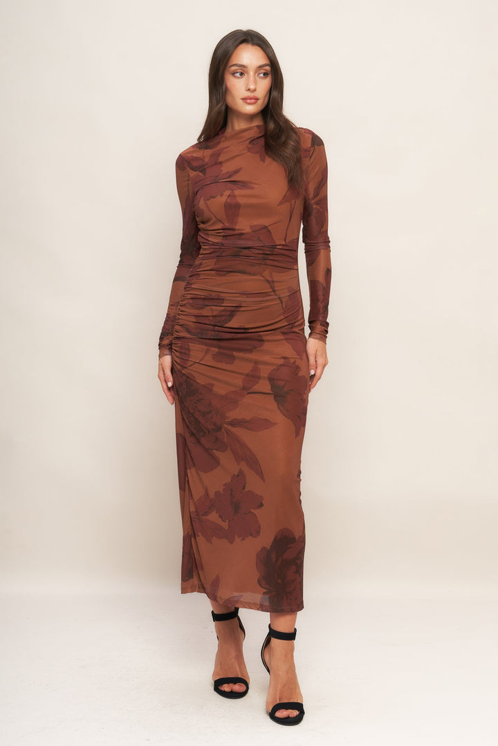 AMBER FLORA POWER MESH MIDI DRESS