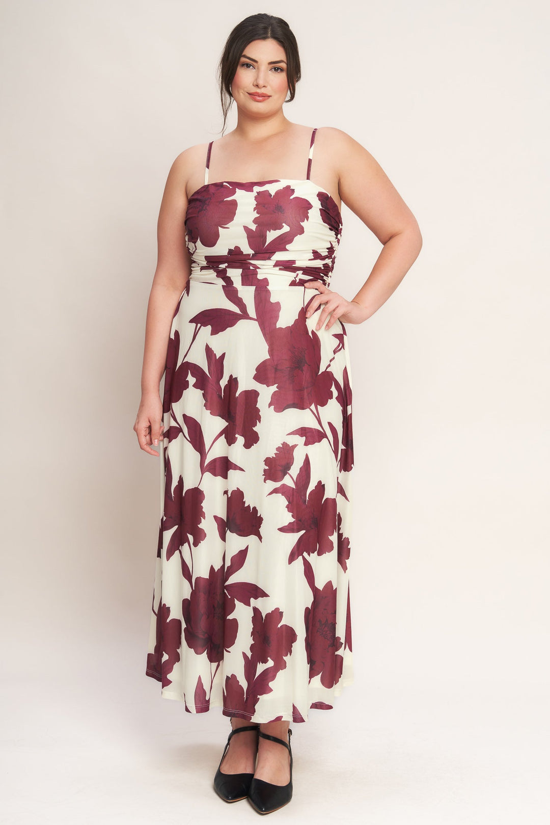 WINE BLOOM POWER MESH MIDI DRESS