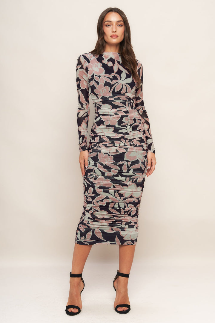 MUTED ROMANCE POWER MESH MIDI DRESS