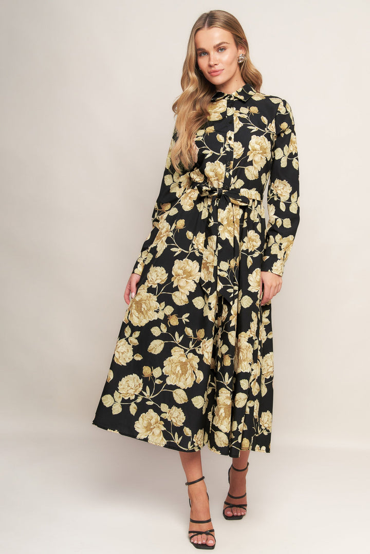 MIDNIGHT BLOOM BLACK WOVEN MIDI DRESS