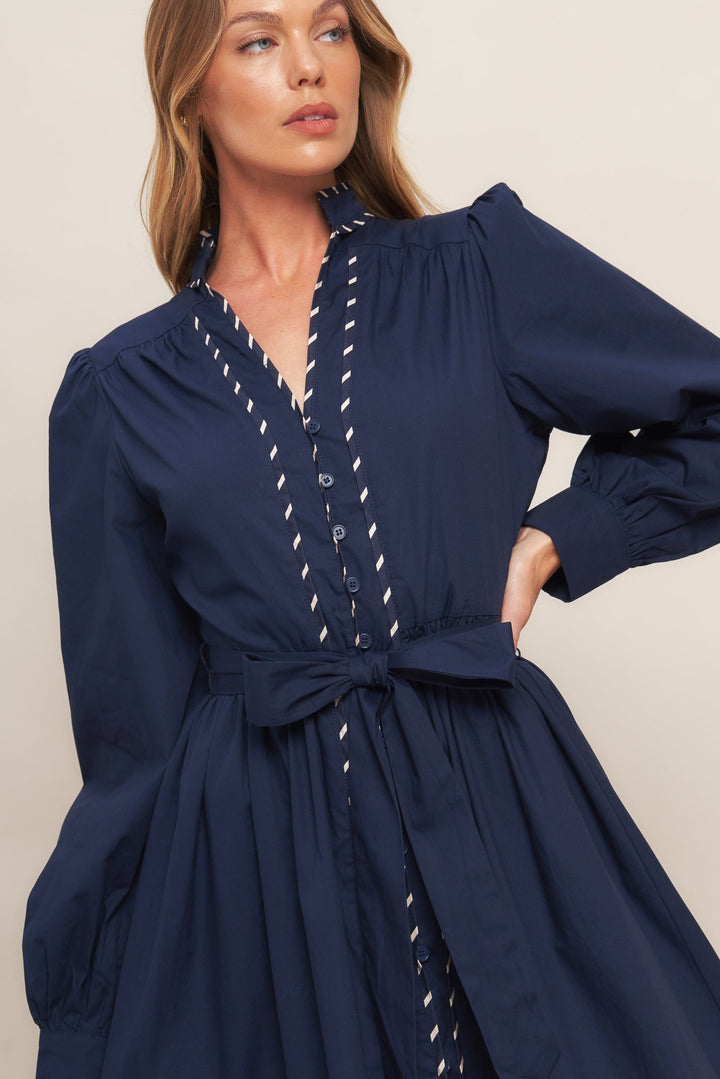 SHINE BRIGHT NAVY LONG SLLEVE WOVEN MIDI DRESS